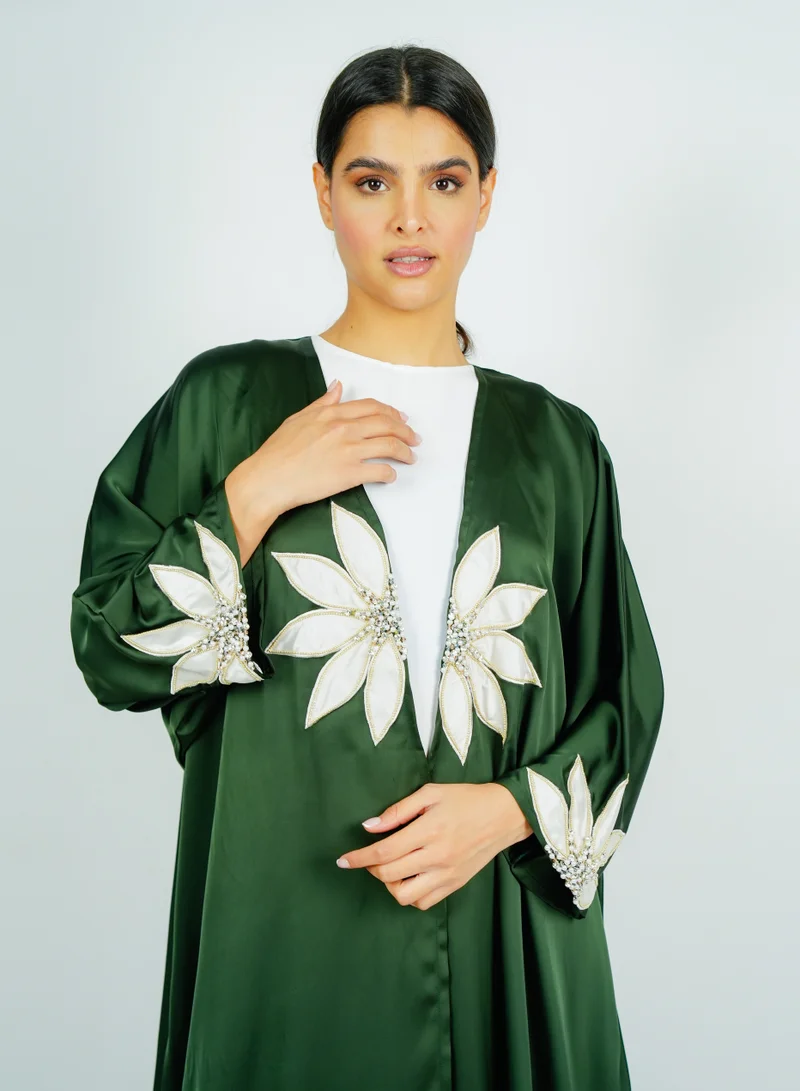 Rosette Abaya Elegant Bisht with Embroidery Flower And stones
